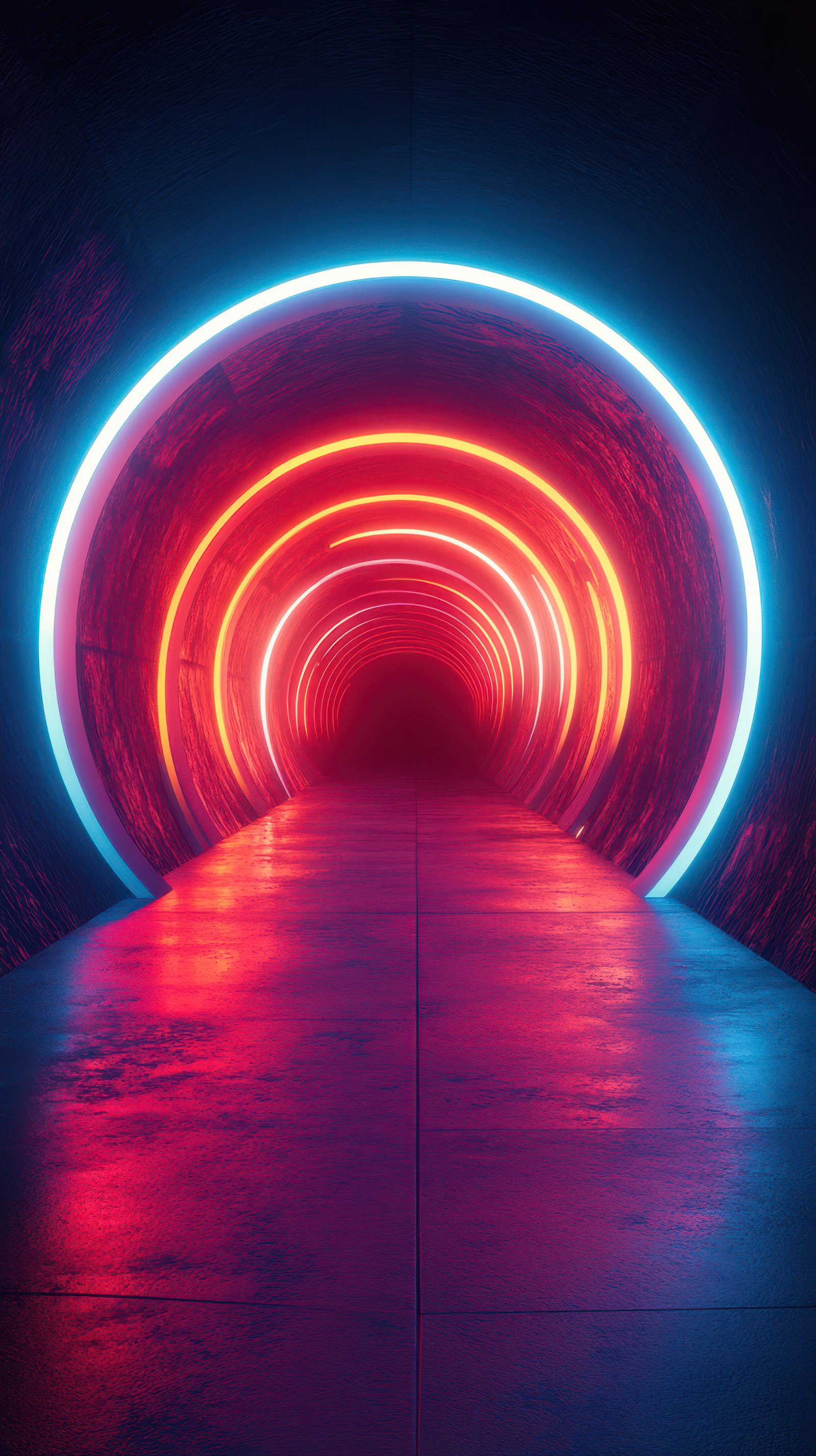 Neon-lit tunnel with glowing circular lights creating a futuristic atmosphere in a dark setting
